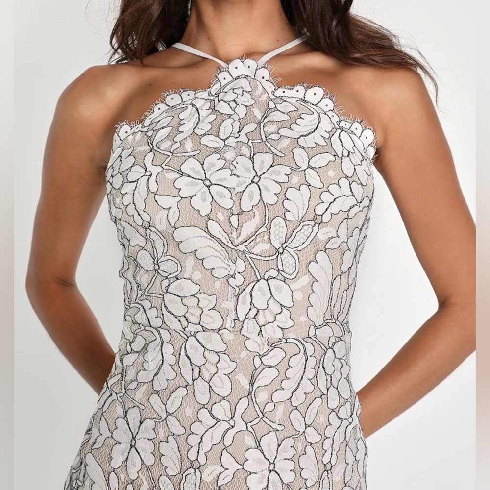 Beige and Ivory Lace Bodycon Dress - Picture 3 of 8